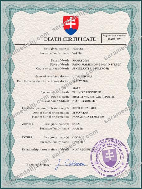 Slovakia vital record death certificate PSD template